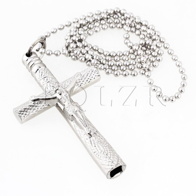 Chrome plated steel Cross Drum Key Chain Necklace Silver - intl