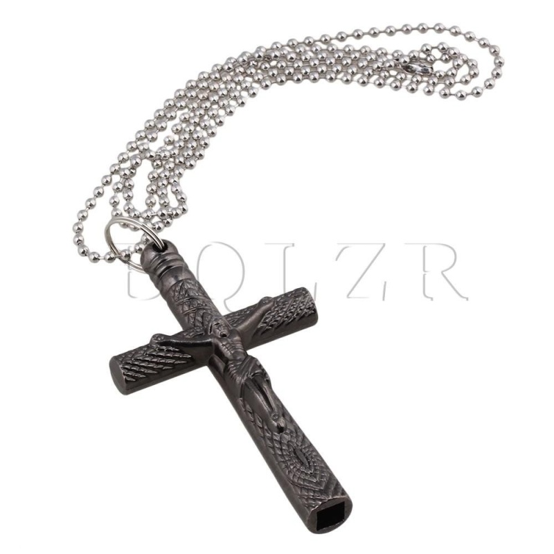 Jesus Chrome Plated Steel Cross Crucifix Drum Key Chain Necklace Black - intl