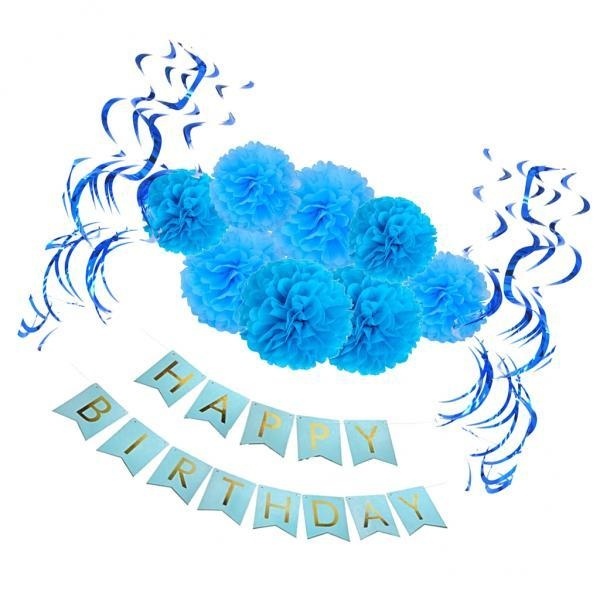 MagiDeal Happy Birthday Banner Set Foil Swirls Paper Flower PomPom Party Decor Blue - intl