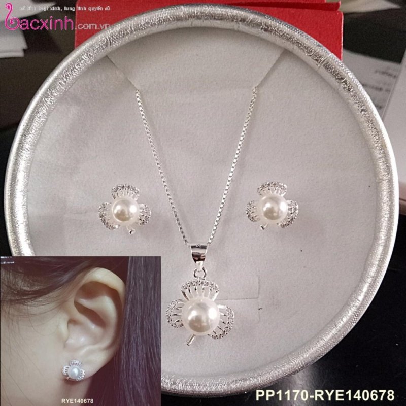 Bộ dây chuyền liền mặt và bông tai trang sức bạc Ý S925 Bạc Xinh - Ngọc trai cỏ ba lá PP1170-RYE140678