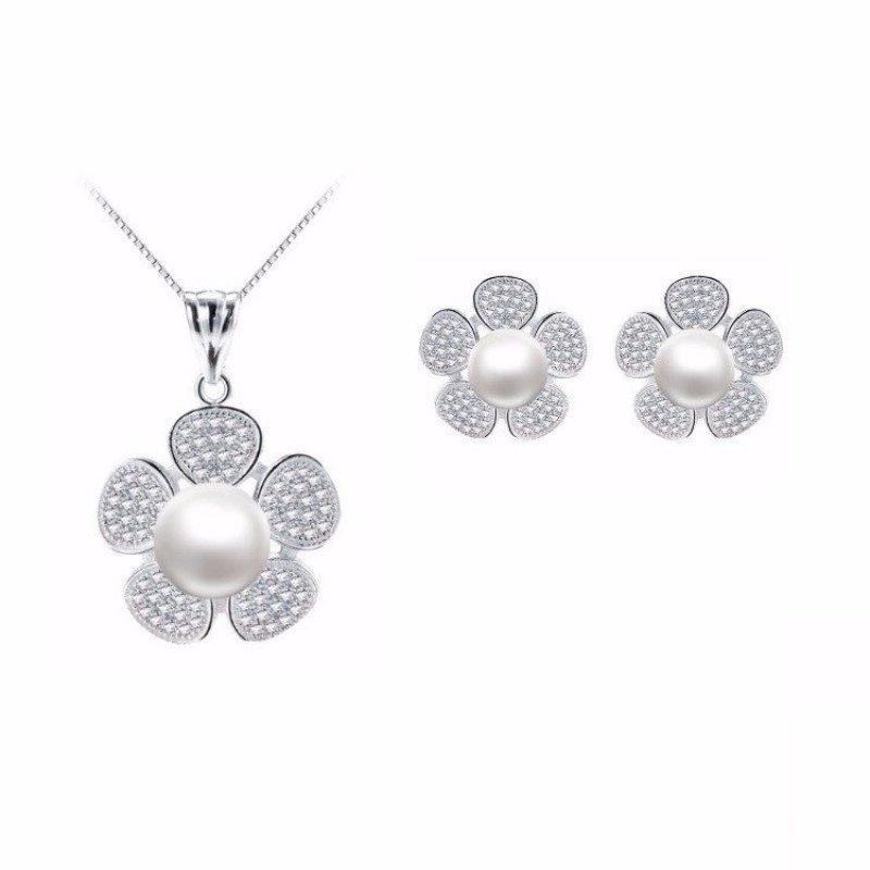 Bộ Trang Sức Bạc Hoa Đính Kim Cương Ngọc Trai Cao Cấp Bily Shop