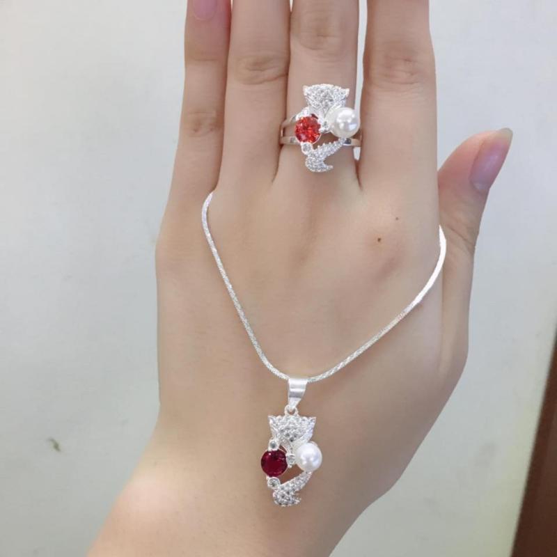 Bộ Trang Sức Bạc Nữ Hồ Ly Ngọc Trai Đỏ Chất Liệu Bạc Ta Cao Cấp BẢO TÍN