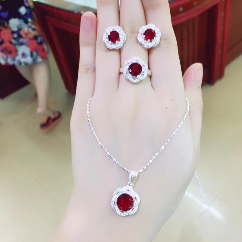 Bộ Trang Sức Bạc Nữ Hoa Anh Thảo Đỏ Cao Cấp BẢO TÍN