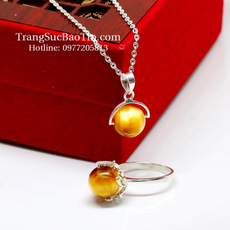 Bộ Trang Sức BẠC Phong Thủy Đá Mắt Hổ Vàng Tâm Mệnh Kim - Thổ BẢO TÍN (Vàng)