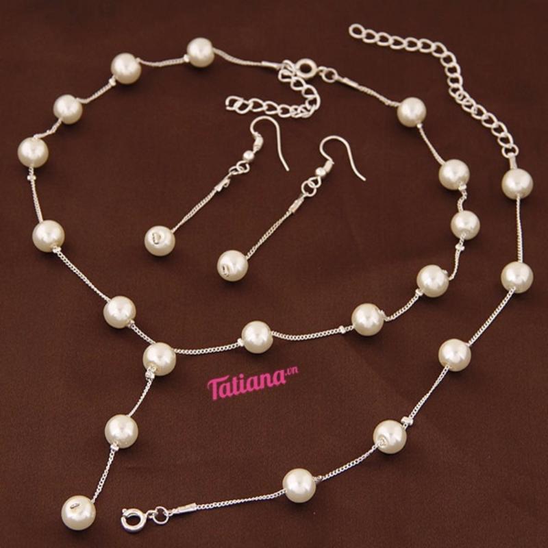Bộ Trang Sức Hạt Trai Dài Màu Bạc - D2392