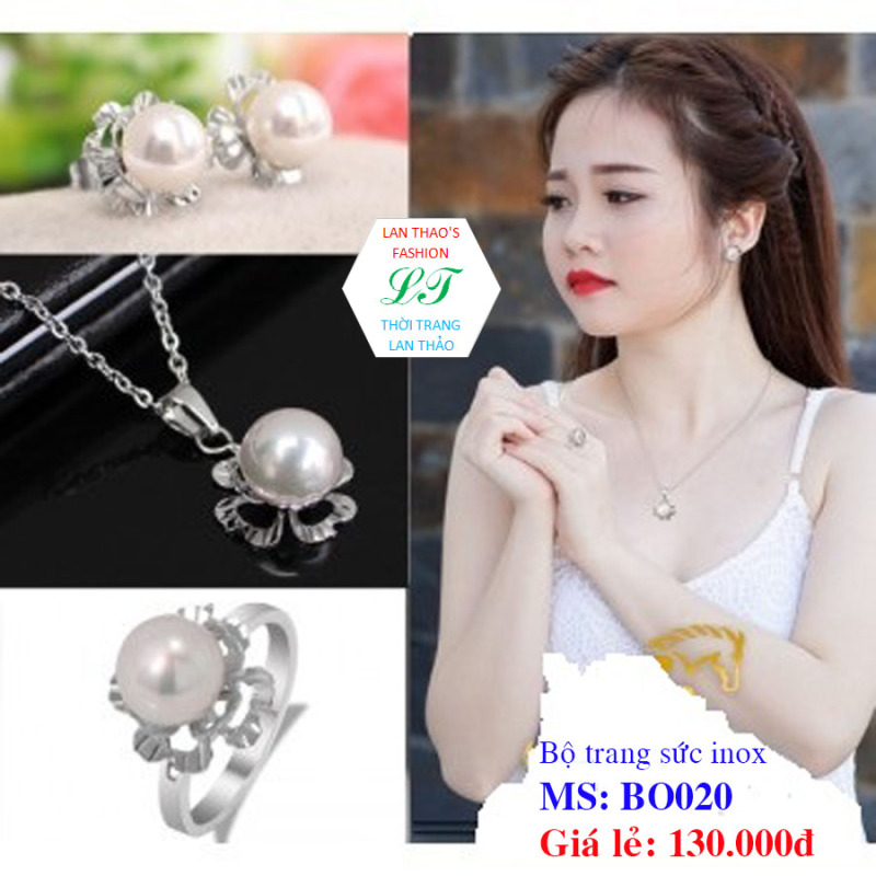 Bộ trang sức inox 3 món ngọc trai đệm cỏ bốn lá BO020 (Trắng)