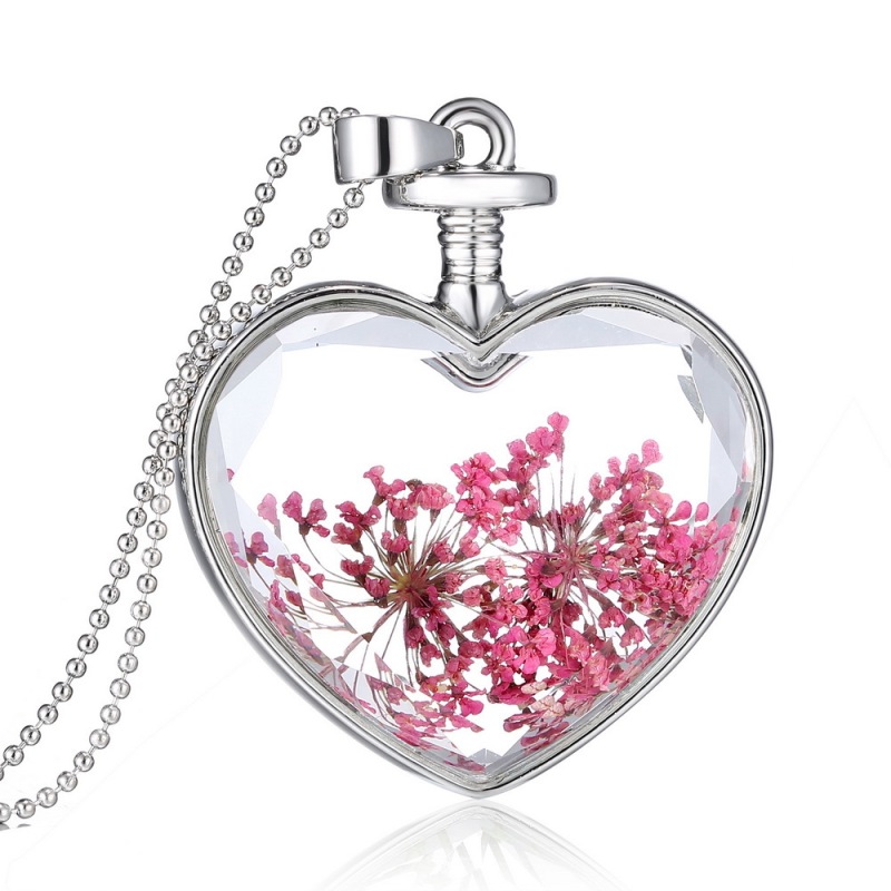 BolehDeals Gold Plated Glass Bottle Heart Dried Pink Flower Pendant Necklace Chain - Intl