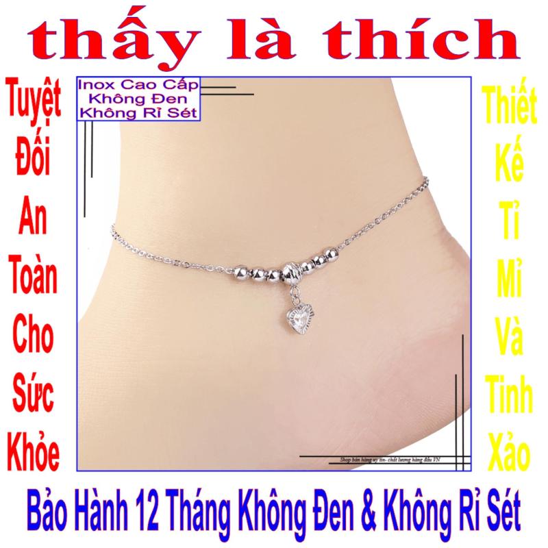 Lắc chân inox thấy là thích kiểu trái tim đính đá Zircon và bi