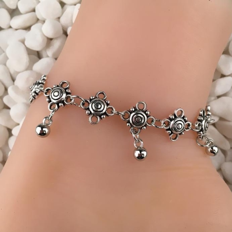Retro Style Carved Hhollow Metal Droplets Tassel Anklets - intl