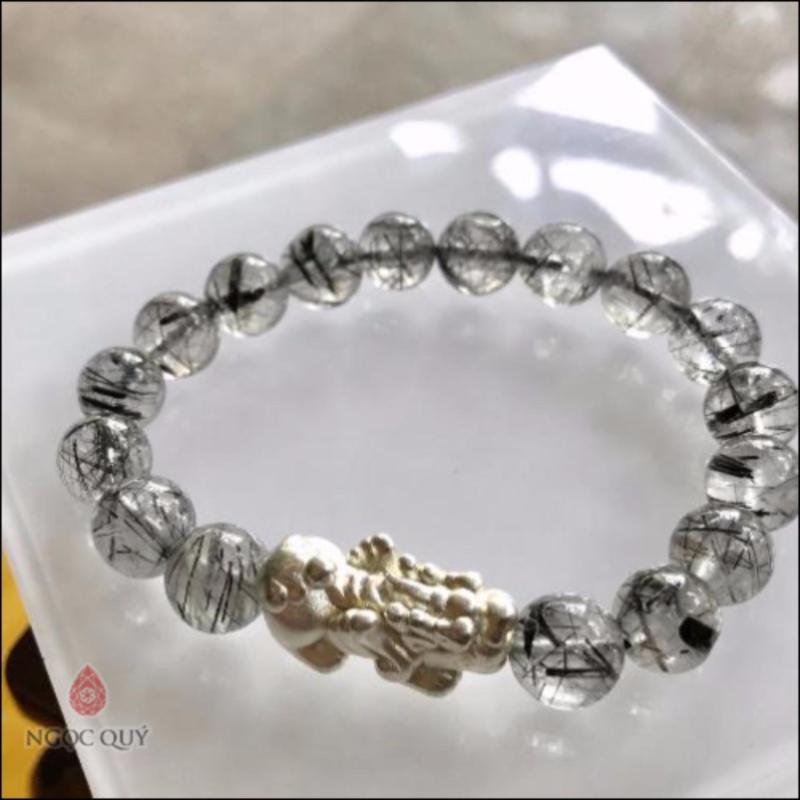 Vòng Tay Đá Thạch Anh Tóc Đen Mix Tỳ Hưu Bạc