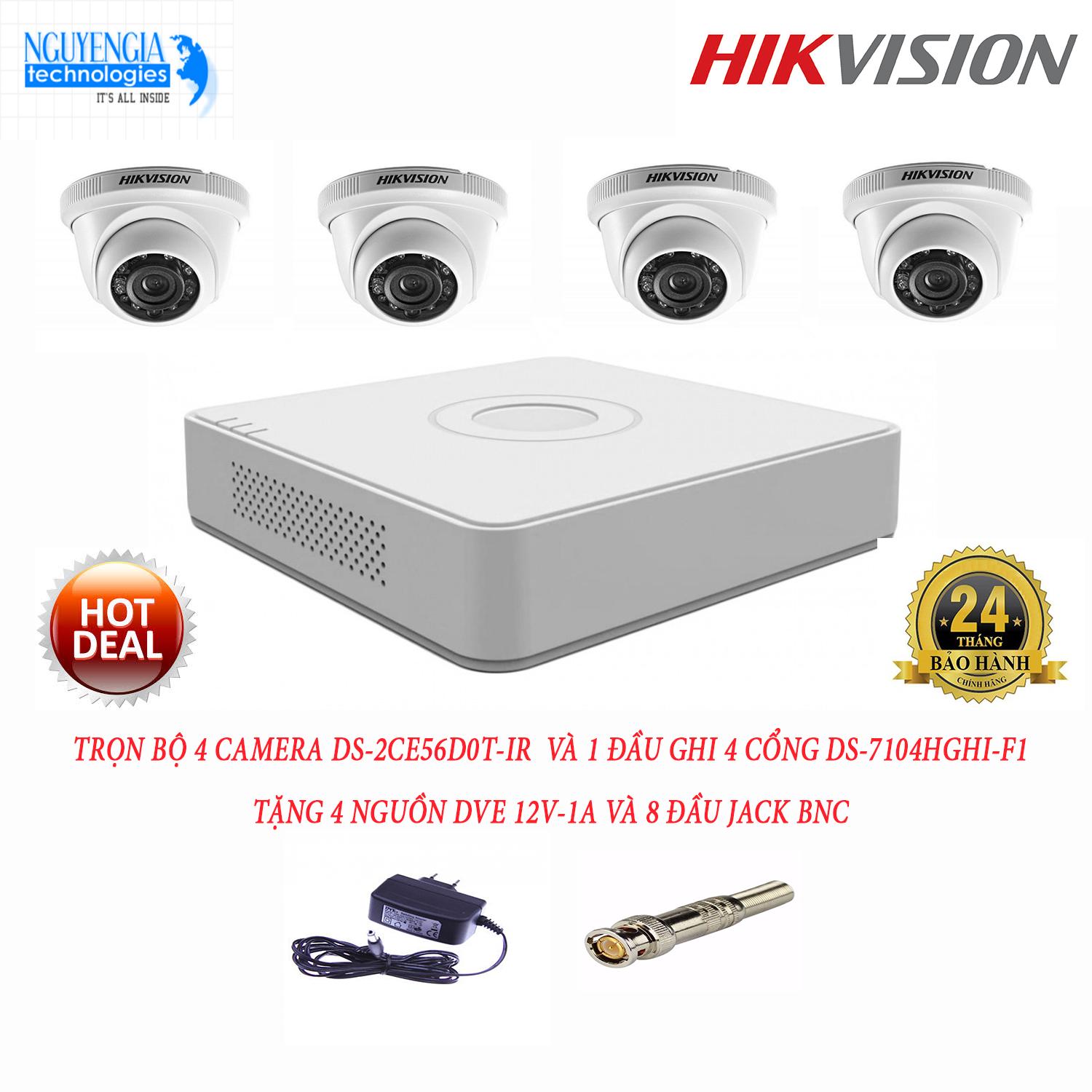 Trọn bộ 4 camera ngoài trời Hikvision DS-2CE56D0T-IR và 1 đầu ghi hình Hikvision DS-7104HGHI-F1(1.0 Megapixel)(Tặng kèm 4 nguồn DVE...