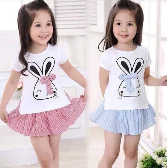Bộ váy hè hoạ tiết thỏ nơ cực xinh cho bé gái size to cho bé từ 4-7 tuổi (17-25kg)