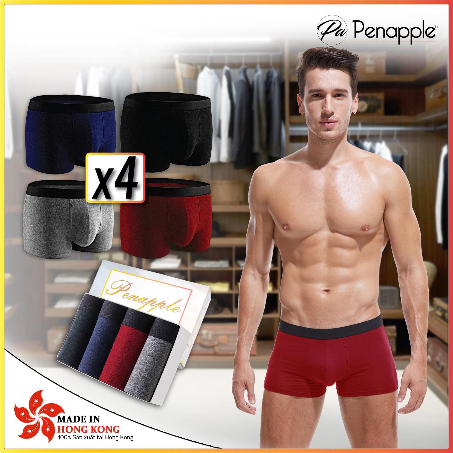 1 Hộp 4 quần lót nam 4 MÀU (đen, xanh, xám, đỏ) - PEN APPLE ống rộng Cotton cao cấp...