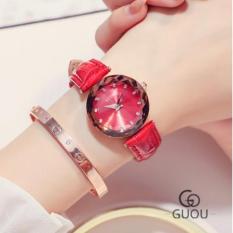 Đồng Hồ Nữ Guou Korea Dây Da Mặt Kim Cương Cao Cấp + Tặng Kèm Pin