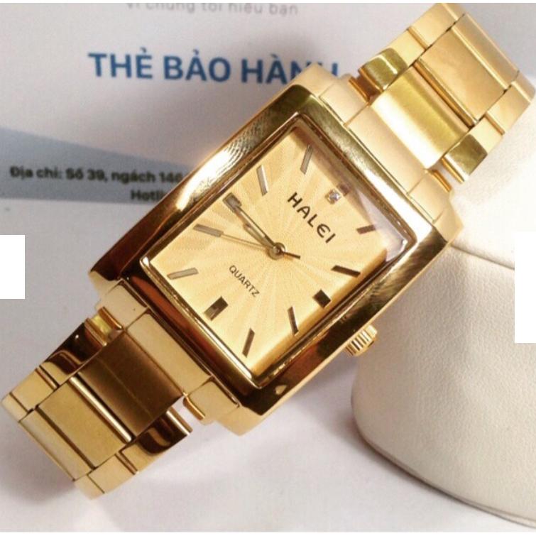 Đồng hồ nam Halei mặt chữ nhật phong cách cuôc hút dây vàng mặt vàng