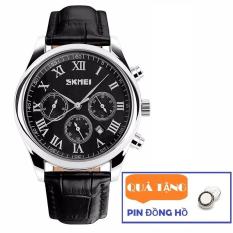 Đồng hồ nam dây da Skmei 9078 6 kim lịch lãm (Tặng pin đồng hồ)