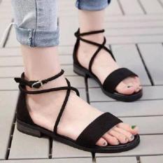 Giày sandal nhung ngang dây chéo cổ chân-đen