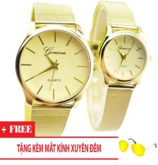 Đồng hồ cặp Geneva dây thép nhuyễn cao cấp (Dây Vàng, Mặt Vàng) + Tặng Kèm Mắt Kính Xuyên Đêm