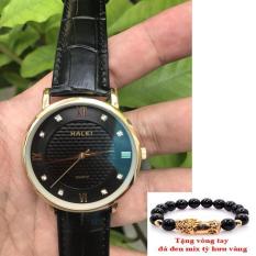 Đồng hồ nam dây da cao cấp Halei dây đen mặt đen – TẶNG 1 vòng tỳ hưu phong thủy may mắn (HL545)