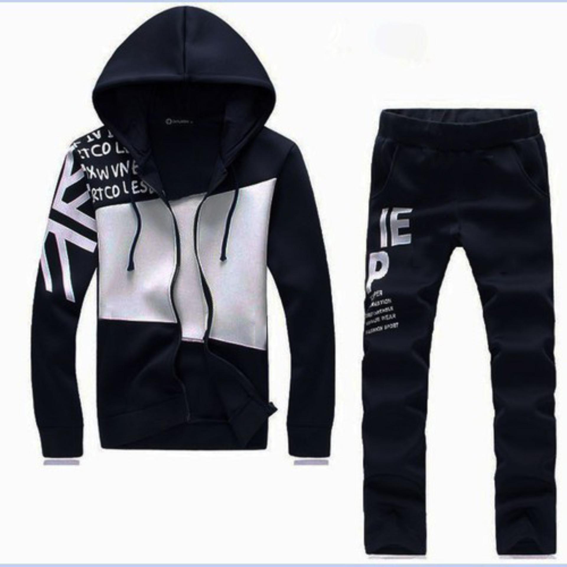 Set quần áo nam dài tay khóa kéo phối màu thời trang Xưởng May giá rẻ MEN QA 10016 (đen)