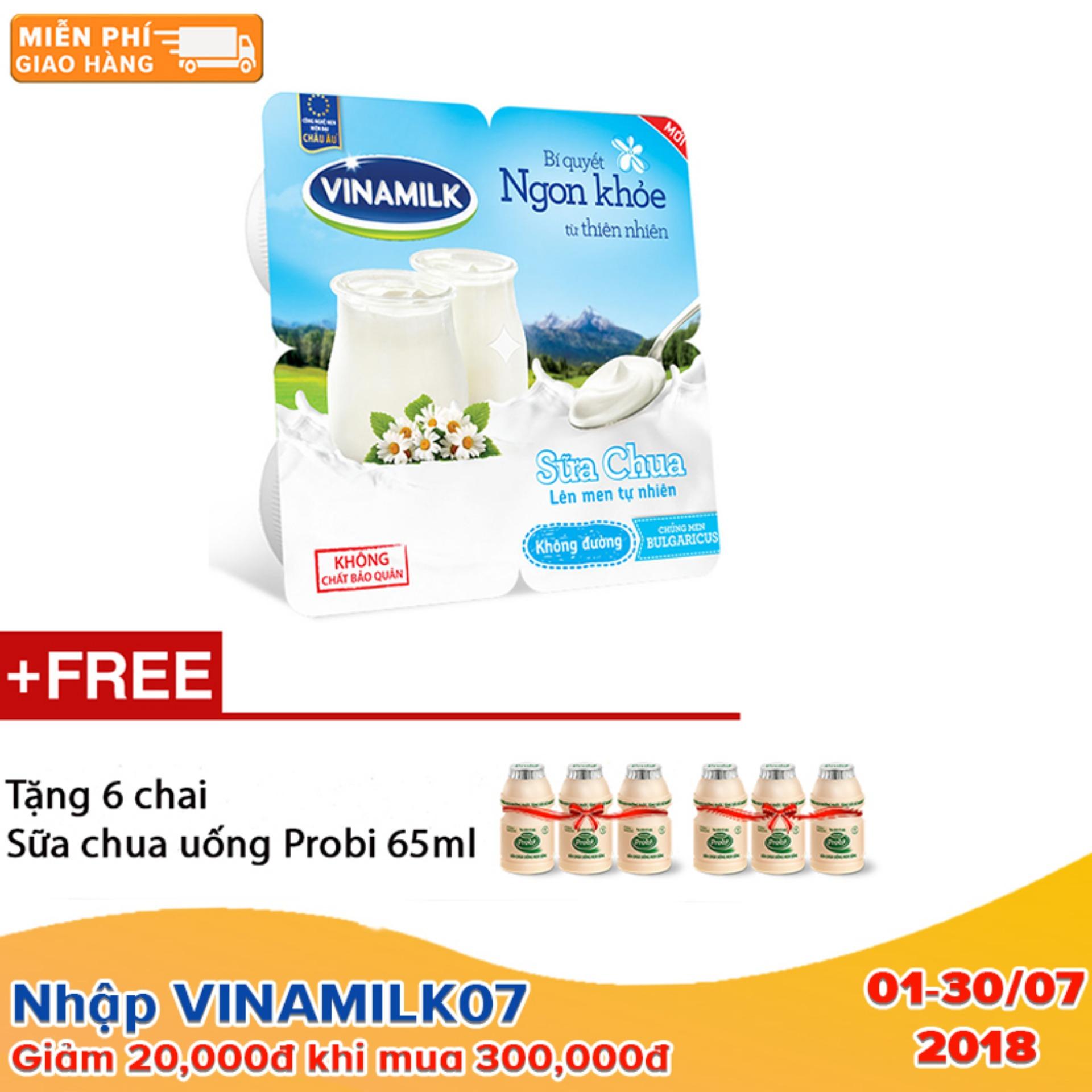 Thùng 48 hộp Sữa chua ăn Vinamilk không đường - 100g - Tặng 6 chai sữa chua uống Probi 65ml