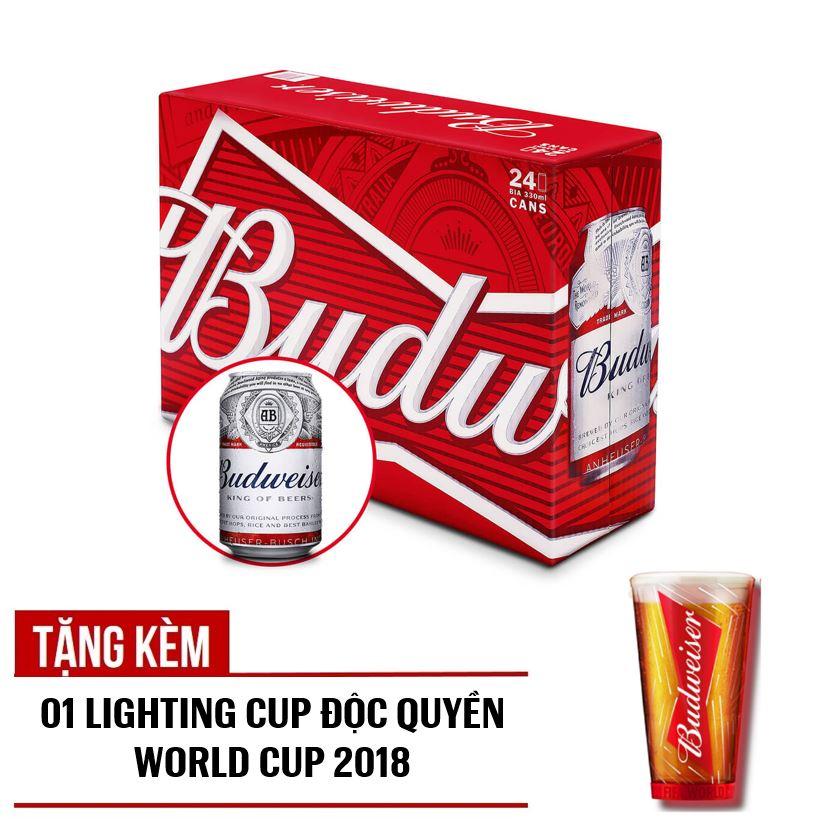 Budweiser lon 330ml - Thùng 24 - Tặng ngay 01 Lighting Cup Độc Quyền World Cup 2018