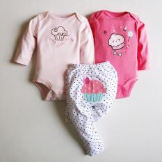 Set body suit Beliti dài tay 3 chi tiết hàng xuất dư cho bé gái 0-12 tháng