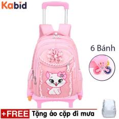 BA LÔ KÉO lướt trên mọi địa hình 6 bánh Mèo Angela-KÉOTặng áo trùm cặp chống bụi, mưa (Hồng phấn)