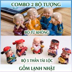 Combo 2 bộ tượng trang trí: Chú tiểu tứ không ngộ nghĩnh + 5 Thần tài phát lộc