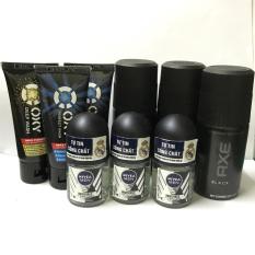 trọn bộ 9 món :3chai xịt khử mùi Axe (50ml/chai) + 3tuýt sữa rửa mặt Oxy (25g/tuýt) + 3chai lăn Nivea nam (12ml/chai) + tặng 1 túi đựng xinh xắn