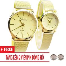 Đồng hồ cặp Geneva dây thép nhuyễn cao cấp (Dây Vàng, Mặt Vàng) + Tặng Kèm Pin