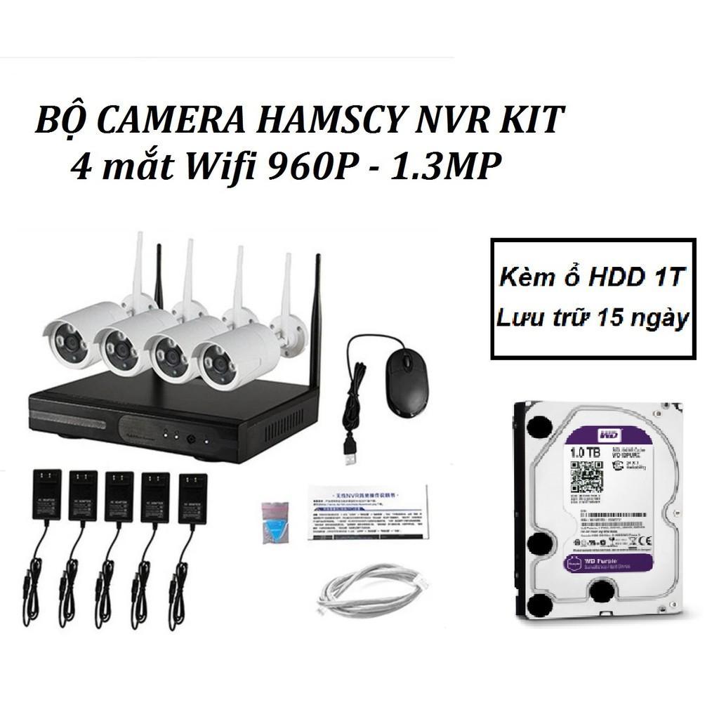 Bộ đầu ghi Hamscy NVR kit wifi 4 mắt camera wifi 1.3M 960P Kèm ổ HDD 1T