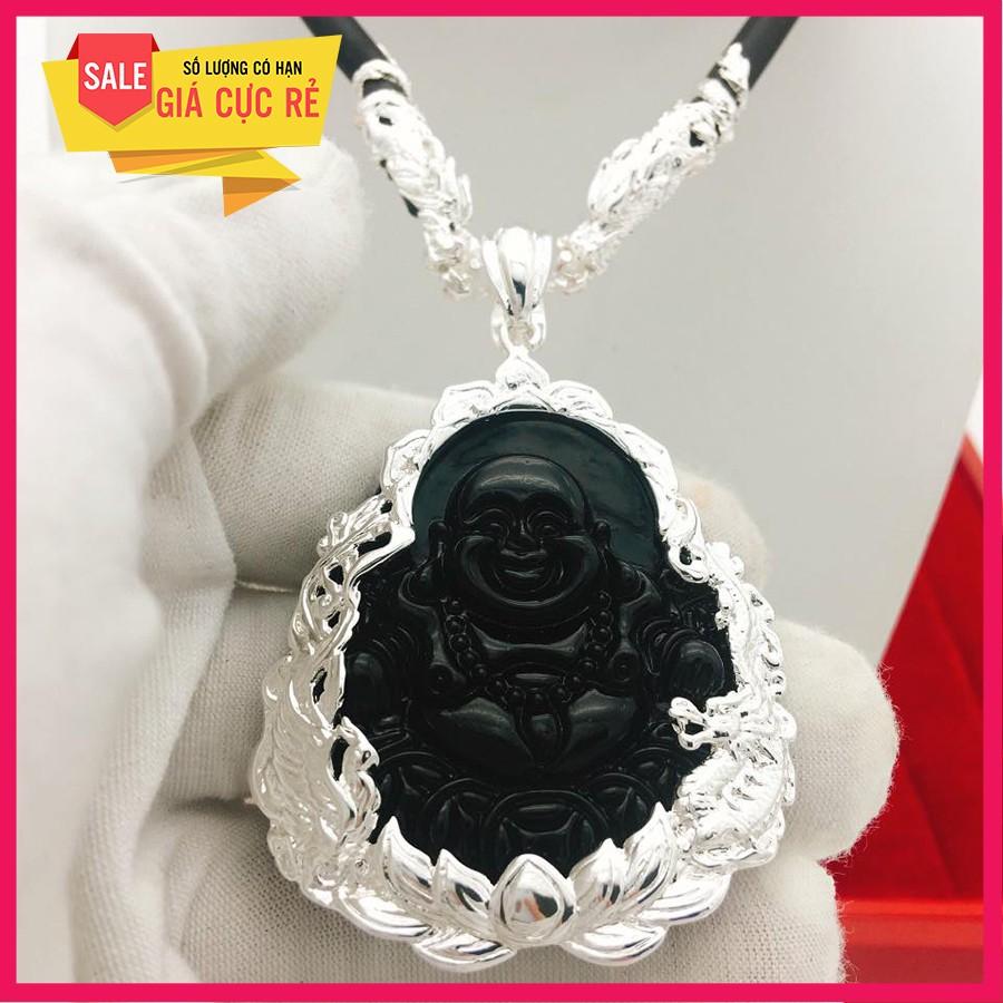 Mặt Phật Di Lạc đá thạch anh cao cấp (đen) + tặng dây cao su charm bạc