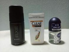 trọn bộ 3 món :1chai xịt khử mùi Axe (50ml/chai) + 1chai dầu gội Clear (50g/chai) + 1chai lăn khử mùi Nivea nam (12ml/chai) + tặng 1 túi đựng xinh xắn