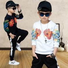 Đồ bộ quần áo bé trai dài tay thu đông in hình gà trống thun cotton da cá size nhỡ cho bé từ 20kg đến 35kg( Màu Trắng- Đen)