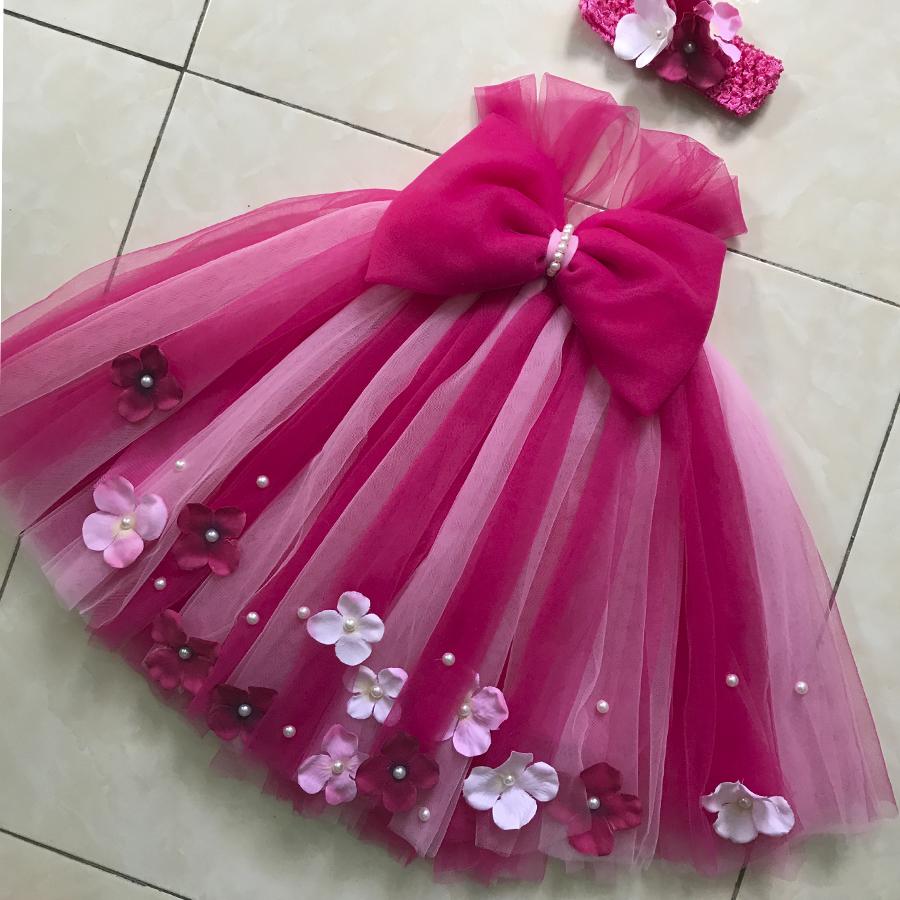 Váy tutu công chúa hồng sen pha hồng phấn 11 nơ hs