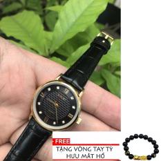 Đồng hồ nữ dây da cao cấp Halei dây đen mặt đen TẶNG 1 vòng tỳ hưu phong thủy may mắn HL545