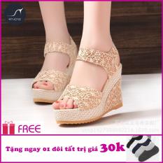 Giày Sandal nữ đế xuồng 10cm kim tuyến ren lưới (màu kem) + KÈM QUÀ TẶNG TRỊ GIÁ 30K