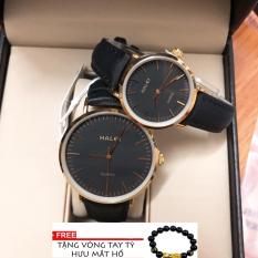 Cặp Đồng hồ nam nữ Halei dây da mặt tròn thời thượng TẶNG 1 vòng tỳ hưu phong thủy may mắn