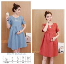 Đầm bầu thêu tay áo màu xanh và cam (tặng kèm nón sơ sinh cho bé)
