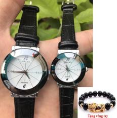 Cặp Đồng hồ Nam nữ mặt tròn cao cấp Halei dây da thời thượng TẶNG 1 vòng tỳ hưu phong thủy