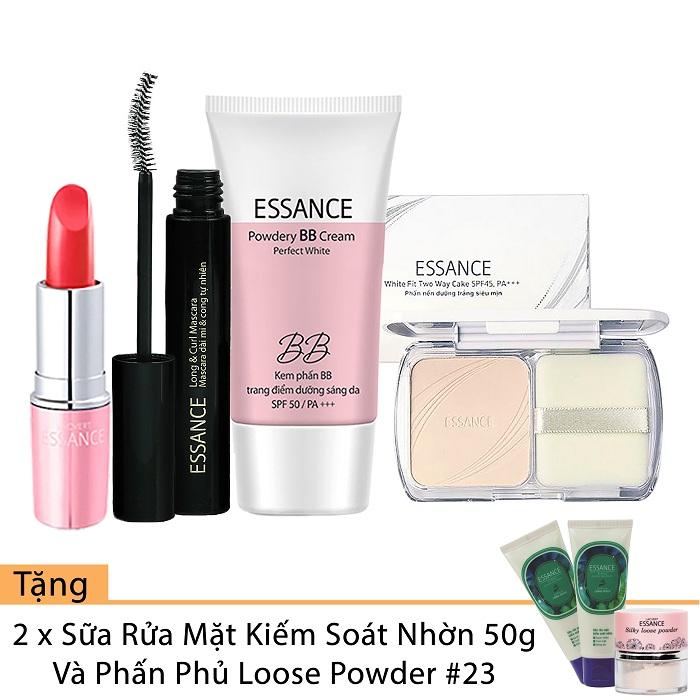 Bộ ESSANCE Phấn Nền White Fit TWC, Son Blooming Kiss, Mascara Dài Mi, tặng 2 SRM Oil Control, Phấn Phủ...