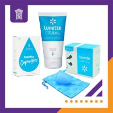 Combo Cốc Nguyệt San Lunette kèm Nước rửa tiệt trùng cốc 150ml và Giấy lau tiệt trùng cốc (Màu Xanh dương Size 1) – Hàng NK chính hãng, phân phối độc quyền bởi Cty Hoàng Gia – Combo Lunette Menstrual Cup (Light to normal flow) & Cleansing Cup