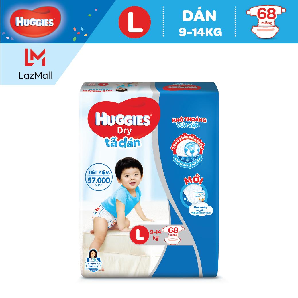 Tã dán Huggies Dry Super Jumbo L68 (Đệm mây co giãn) - Gói 68 miếng (Cho bé 8kg-13kg)