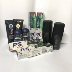 Trọn bộ 10 món : 2 chai xịt Axe (50ml/chai) + 2 lăn Nivea (12ml/chia) + 2 sữa rửa mặt Oxy (25g/tuýt) + 4 kem đánh răng PS (30g/tuýt) + tặng 1 túi đựng mỹ phẩm
