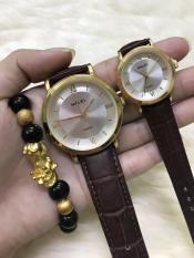 Cặp Đồng hồ Nam nữ Halei 544 dây da thời thượng TẶNG 1 vòng tỳ hưu phong thủy dây nâu mặt trắng