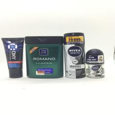 (NHH) Trọn bộ 4 Sản Phẩm Bao Gồm (1 Dầu Gội Đầu Romano (100g/chai), 1 Xịt khử mùi Nivea (40ml/chai), 1 Sữa rửa mặt OXY (25g/tuýp + Lăn Khử Mùi Nivea (12ml))