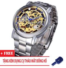 Đồng hồ cơ nam dây thép thương hiệu Nary (Dây Bạc, Mặt Vàng) + Tặng Kèm Dụng Cụ Cắt Mắt