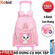 BA LÔ KÉO lướt trên mọi địa hình 6 bánh Mèo Angela-KÉO Tặng bộ dụng cụ học tập (Hồng phấn)