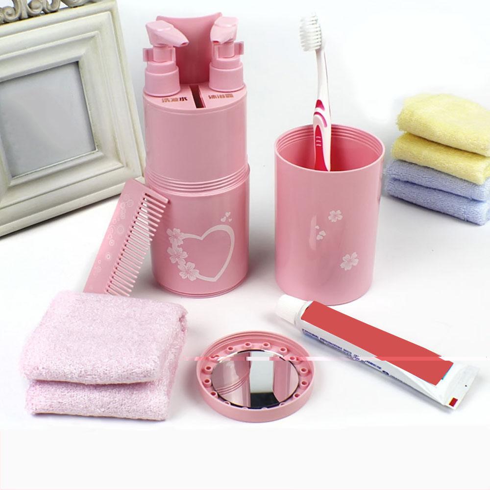 Portable Outdoor Travel Multi-functional Washing Set Cup Shampoo Toothbrush Toothpaste Towel Cup Storage Holder Case Organizer Pink